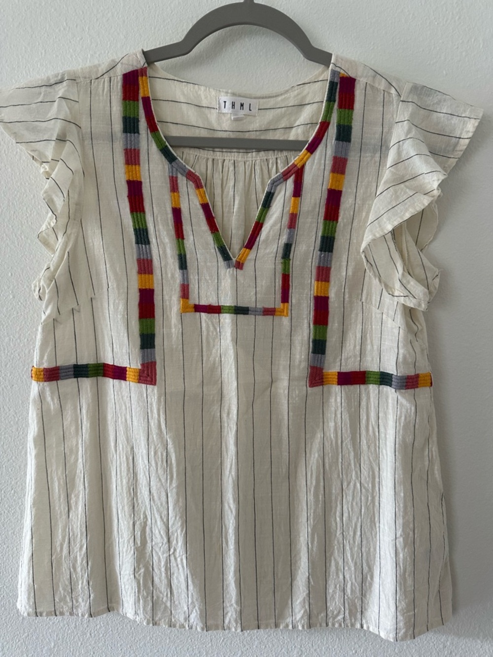 THML Ivory Striped Top with Multicolor Embroidery